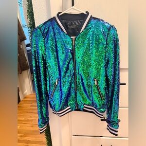 Women's Sequin Bomber Jacket - Blue and Green
